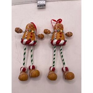 Pair of Gingerbread‎ Girl Ornaments – Candy Trim, Swing Legs, Lollipop Detail,